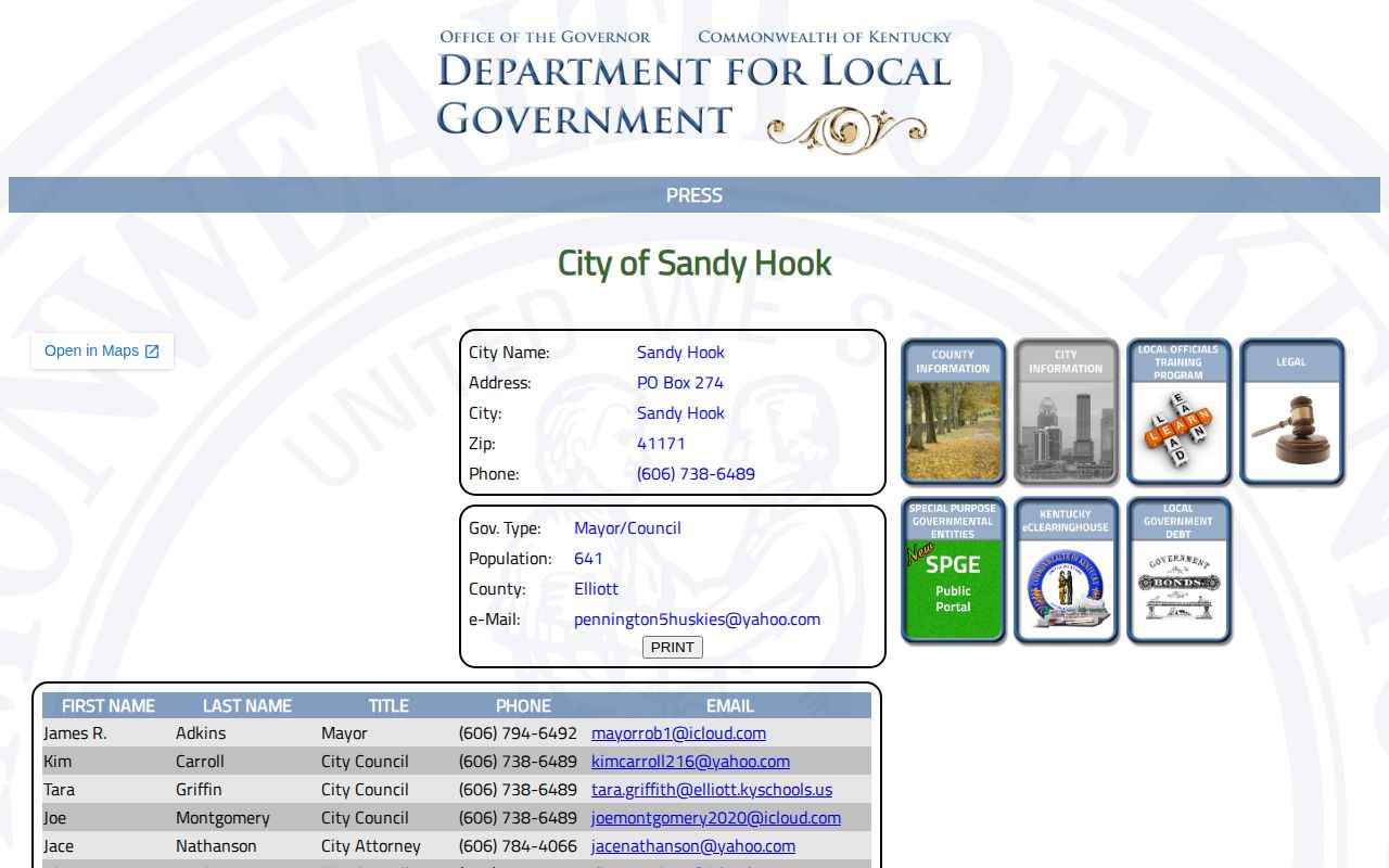Official Kentucky local-government profile for Sandy Hook